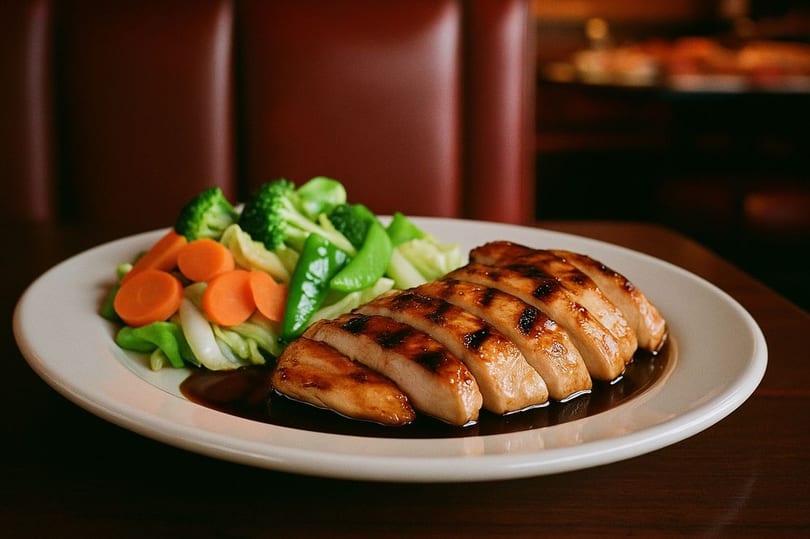 Grilled chicken slices with teriyaki sauce, broccoli, carrots, and snap peas on a white plate.